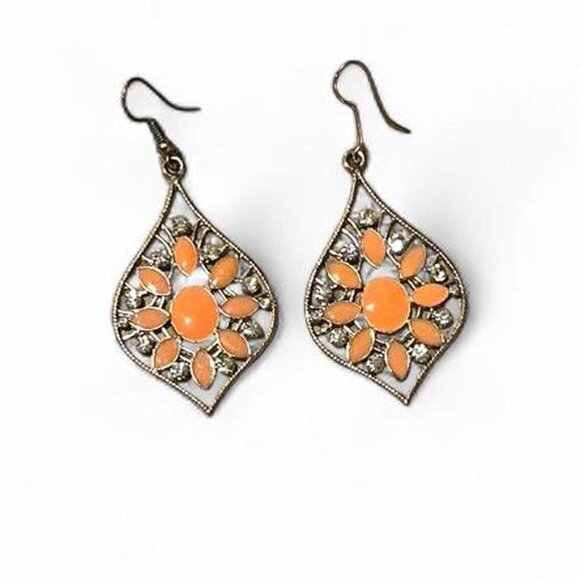 unbranded Accessories - Vintage‎ Boho Floral Drop Earrings Orange Enamel Silver Tone Retro Festival